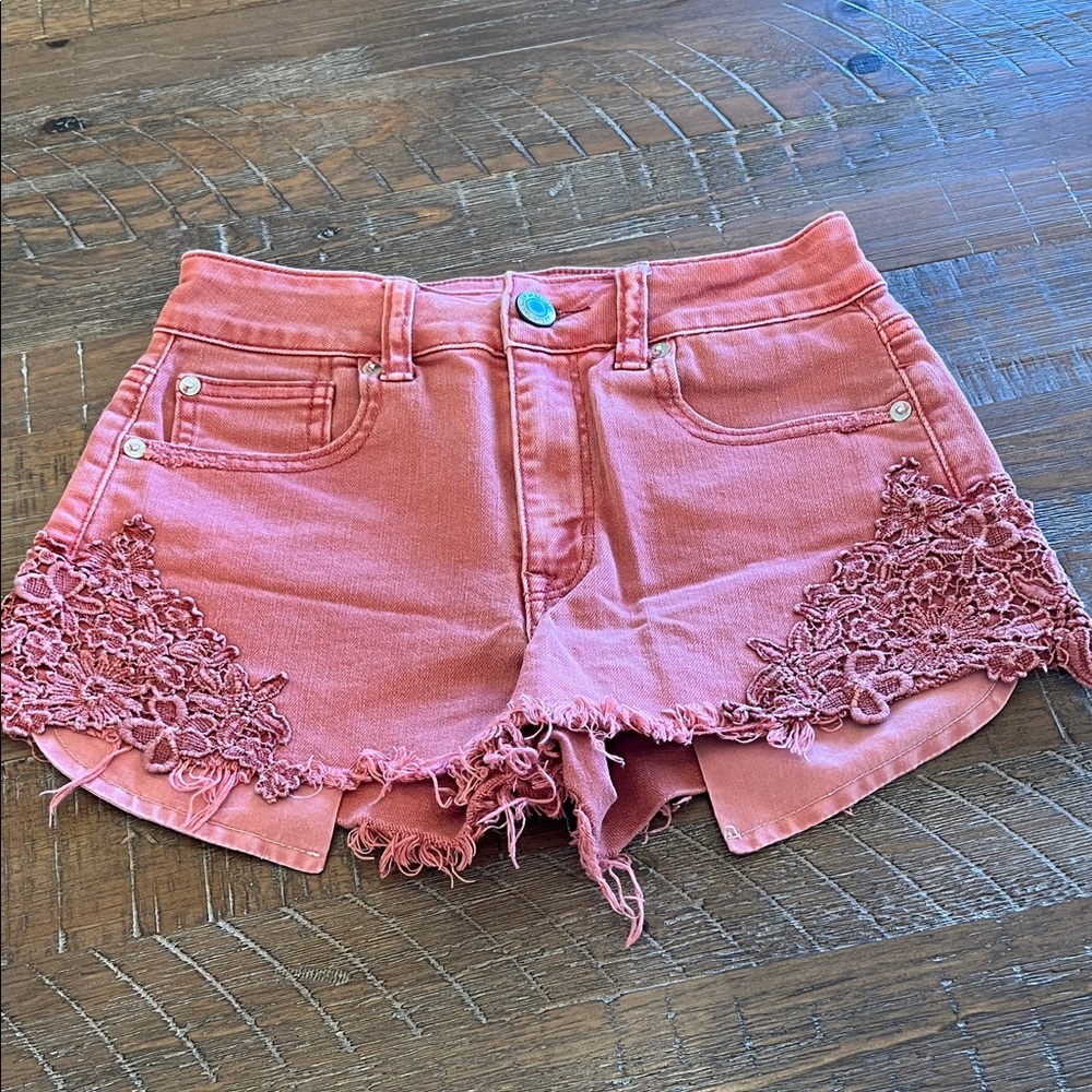 American Eagle, high-rise  Festival Women’s Coral Lace-Trim Denim Shorts